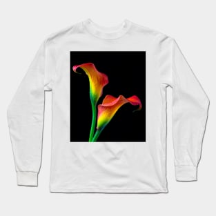 Two Red And Yellow Calla Lillies With Dew Long Sleeve T-Shirt